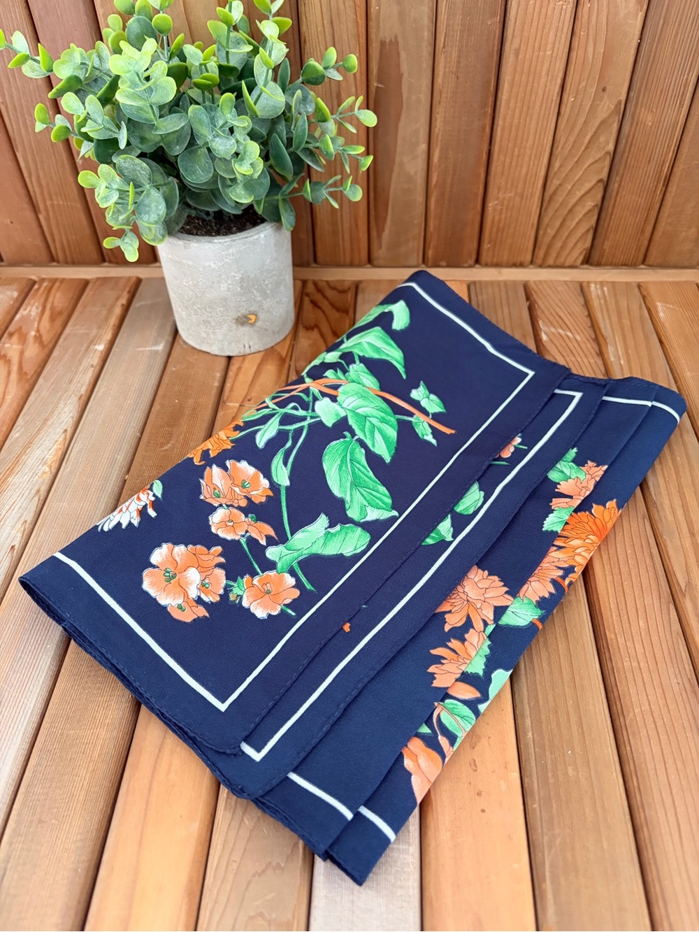 Vintage Floral Scarf with Orange & Green Blooms, Midcentury Silk, Cottagecore